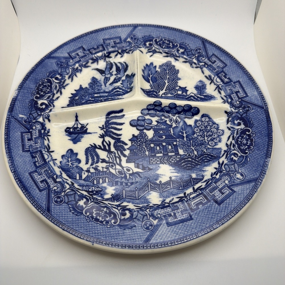Vintage Mount Clemens Blue Willow Divided Grill Plate Blue White Japan Ceramic